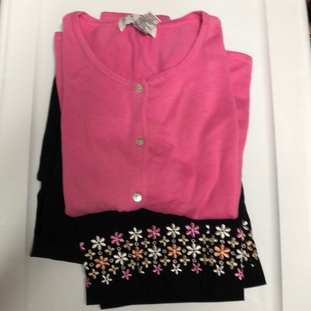 Cardigan sweater & black rayon embroidered capris
